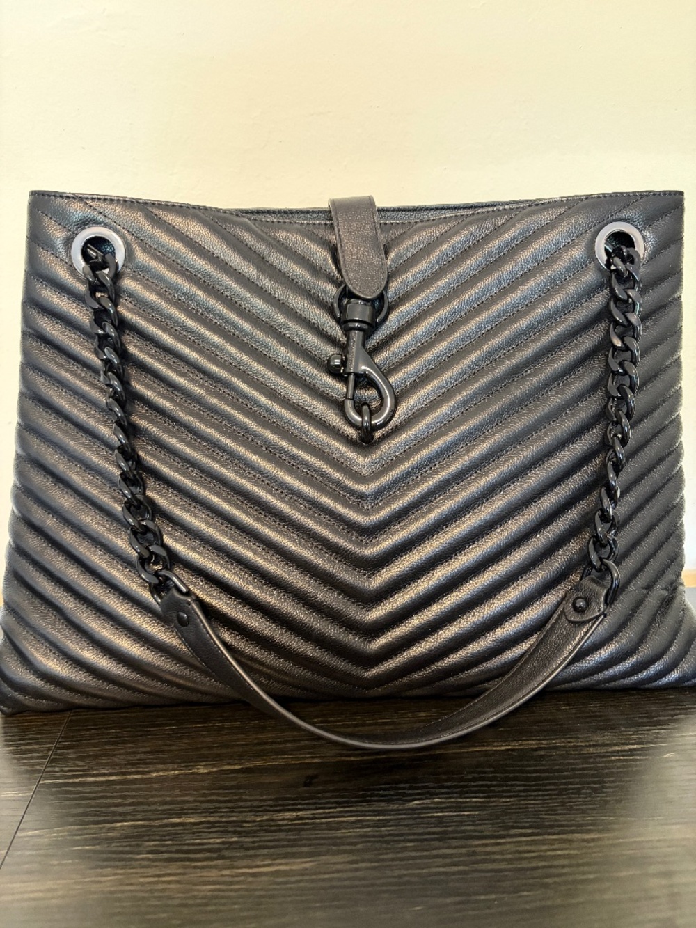 Rebecca Minkoff Large Edie Tote Bag — Black Chevron Leather & Black Hardware